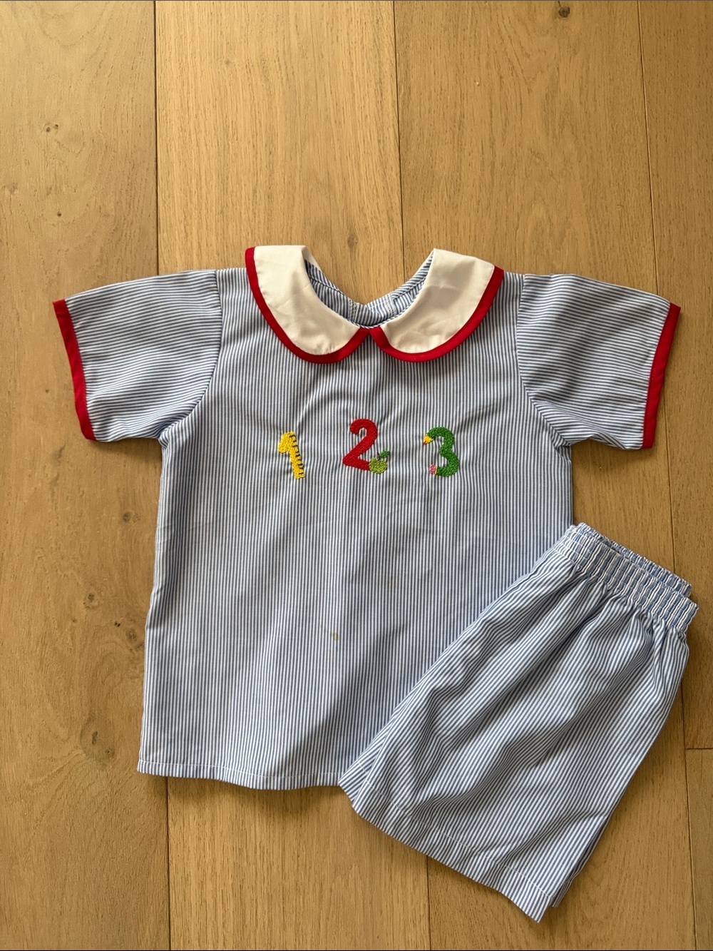 School Days Blue Pinstripe Two-Piece Outfit with Red Trim